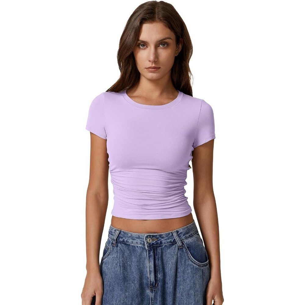 Women's Crop Tops Pink Short Sleeve Classic Y2K Round Neck Side Ruched Pleated - Picture 5 of 6
